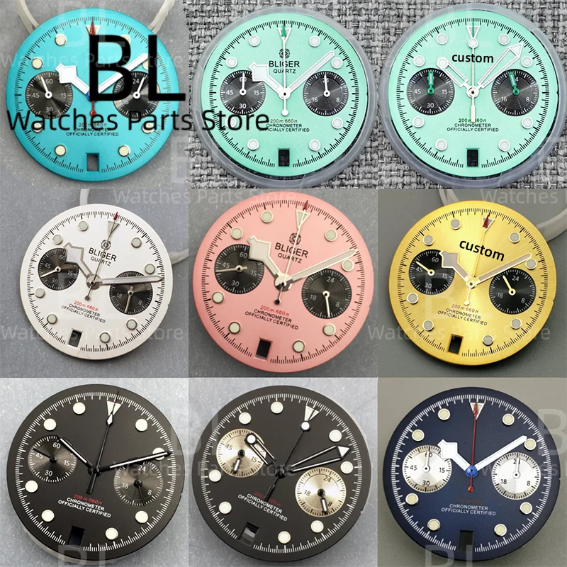 BLIGER 30mm VK64 Dial Hand Black White Pink Sky Blue Dark Blue Gold Dial Green Luminous Fit VK64 Quartz Movement 6 O 'clock Date