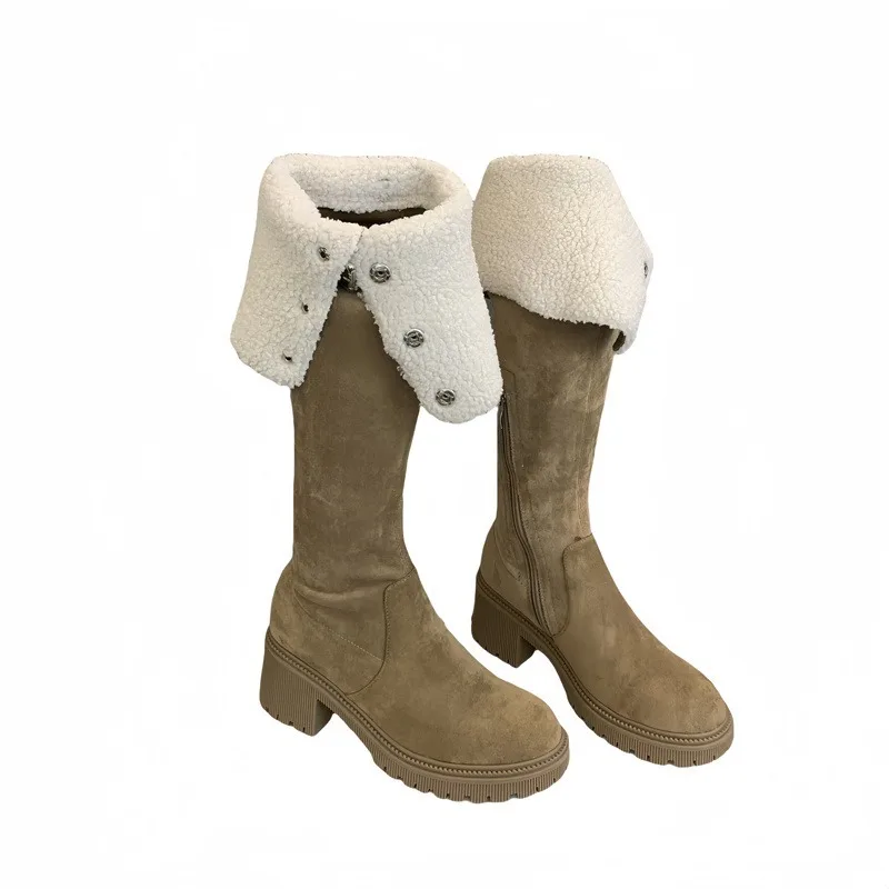 

2026, зимние модные женские сапоги выше колена с круглым носком и пряжкой на ремешке, женская обувь на квадратном низком каблуке и молнии
