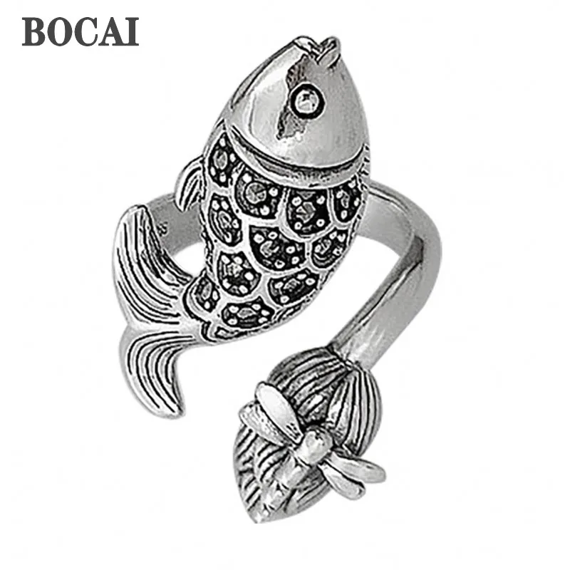 BOCAI New S925 Silver Jewelry Accessories Fashionable and Interesting Shape Rich Carp Women Ring Retro Exaggerated Personality