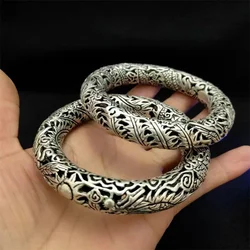 Mai Chuang/ Hand-carved/ Chiseled Old Tibetan Silver Hollow Carved Dragon Phoenix Bangles Exquisite Bracelets Men and Women Gift