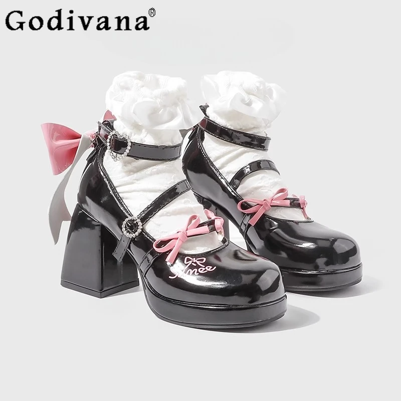 

Lolita Sweet JK High Heel Shoes Japanese Style Lolita Mary Jane Shoes for Women Chunky Heel Bow Leather Single Girls Shoes