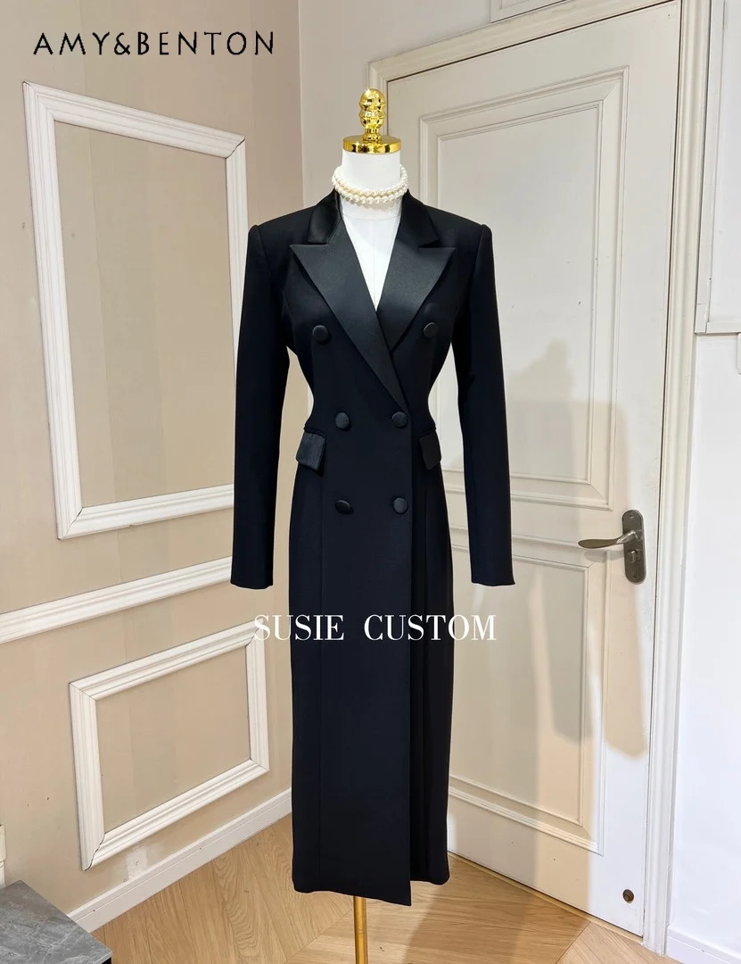 High-End Satin Lapel Double Breasted Slim Mid-Length Suit Jackets for Women Fashionable Split Mid-calf Jacket Professional Suit