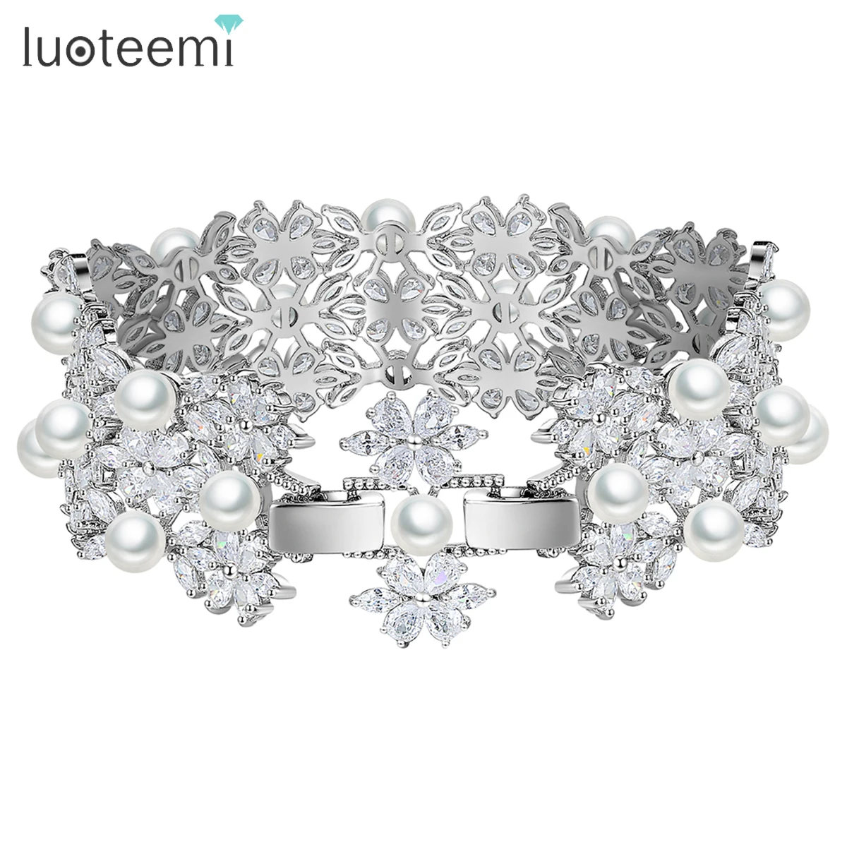 

LUOTEEMI Multiple Imitation Pearl Beads Wide Luxury Bracelet for Women Flower Cubic Zircon Bangle for Bridal Wedding Accessories