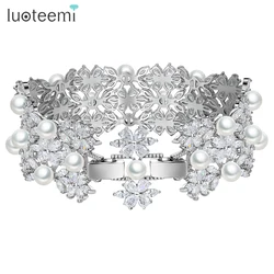 LUOTEEMI Multiple Imitation Pearl Beads Wide Luxury Bracelet for Women Flower Cubic Zircon Bangle for Bridal Wedding Accessories