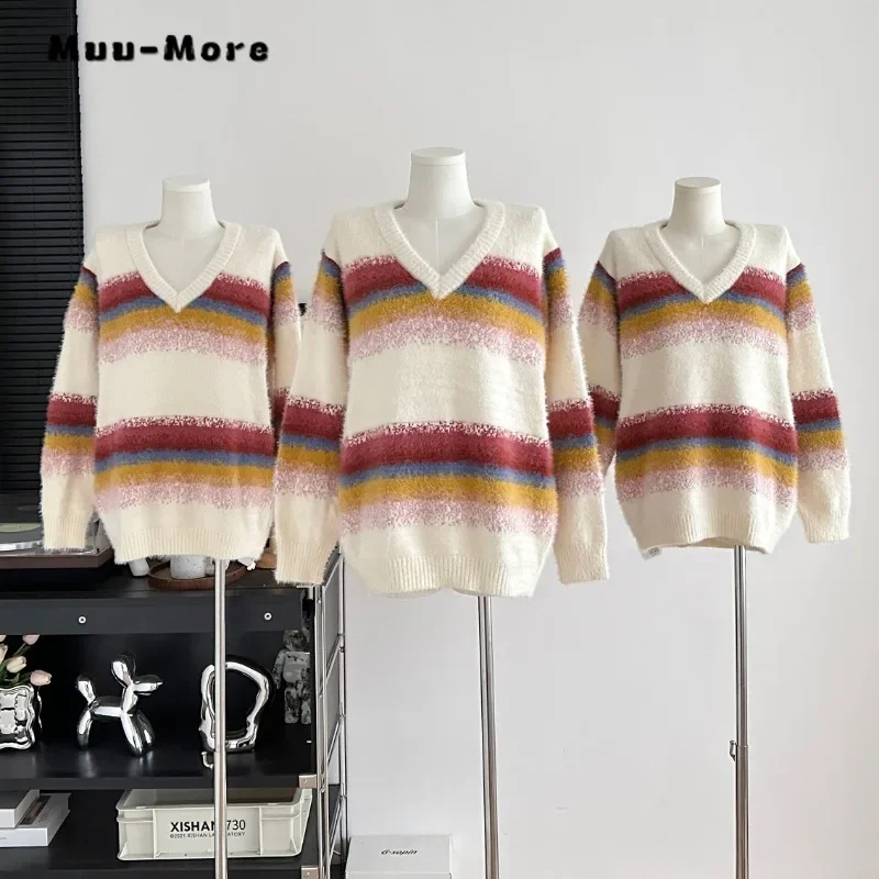 

2023 Winter Female Casual Knitting Long Sleeve Striped Pullovers For Women Vintage Loose Fit V-neck Knitwear Sweater Top