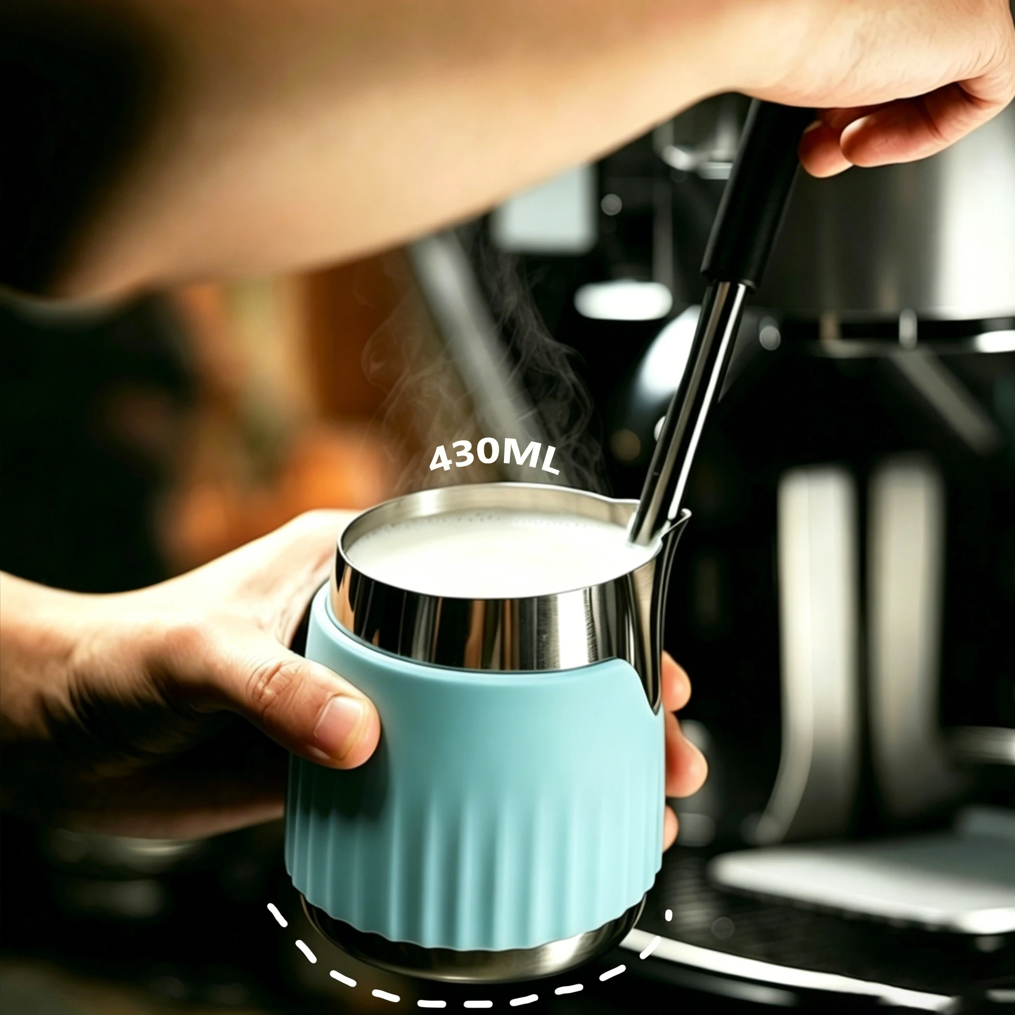 Handleless Stainless Steel Latte Art Milk Frothing Milk Pitcher Milk Jug 430ml With Silicon Sleeve