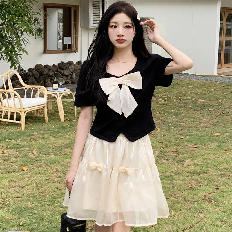 Knot Splice A-Line  Skirt Two-Piece Set Summer Dress Small Fragrance Style Name Lady Elegant Casual Outfit