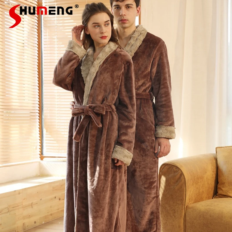 

Autumn Winter Fleece Robe for Women Long Fleece Oversized Couple Robe Pajamas Female Japanese Style Luxury Fleece Bathrobe