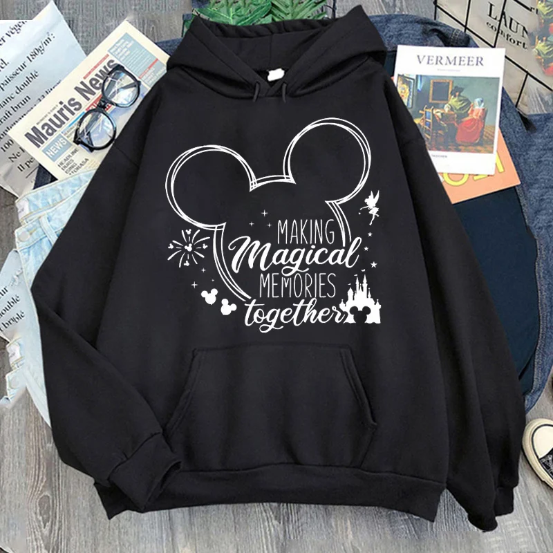 Kawaii Cartoon Disney Family Vacation Printed Hoodies Women Harajuku Aesthetic Graphic Pullovers Unisex Casual Black Sweatshirts