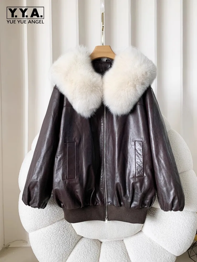 Abrigo de invierno de piel auténtica para mujer, abrigo con cuello de piel de zorro empalmado, forro cálido, chaqueta de piel de oveja auténtica de alta calidad