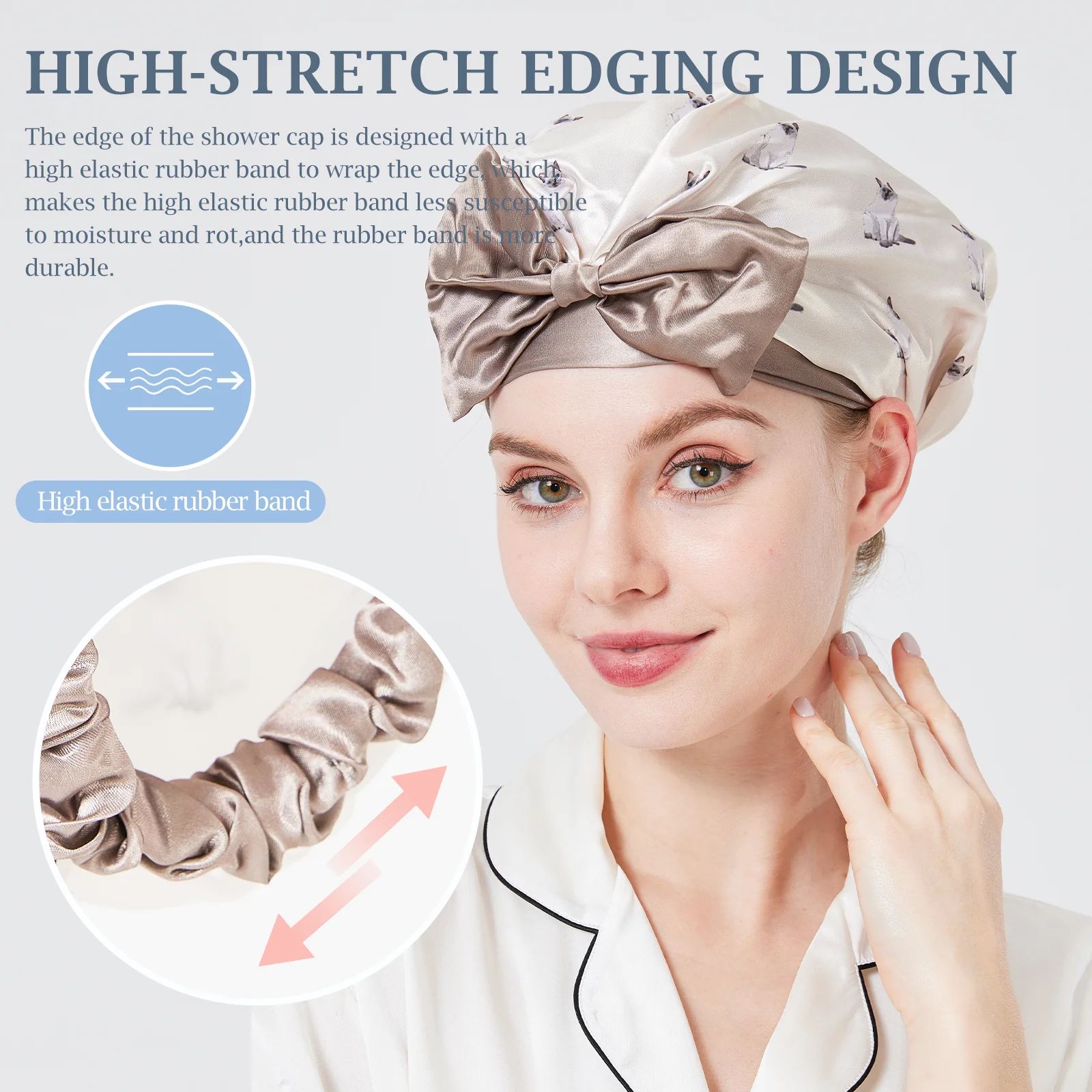 Gorro de satén para dormir con gato de cerámica de Londres, gorro de seda, accesorios para el cabello para baño, gorro de ducha dandy, gorro de cuidado personal, gorro de sauna