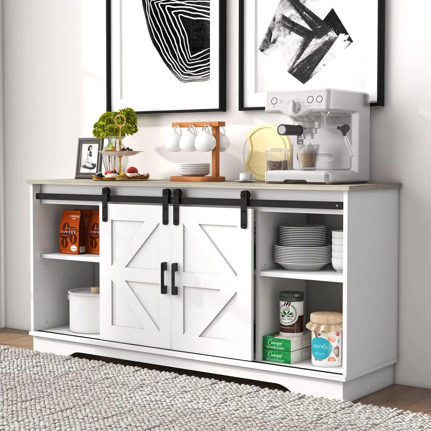 Farmhouse Sideboard Cabinet Barn Sliding Doors Buffet Stand Storage White Wood Metal 57.87