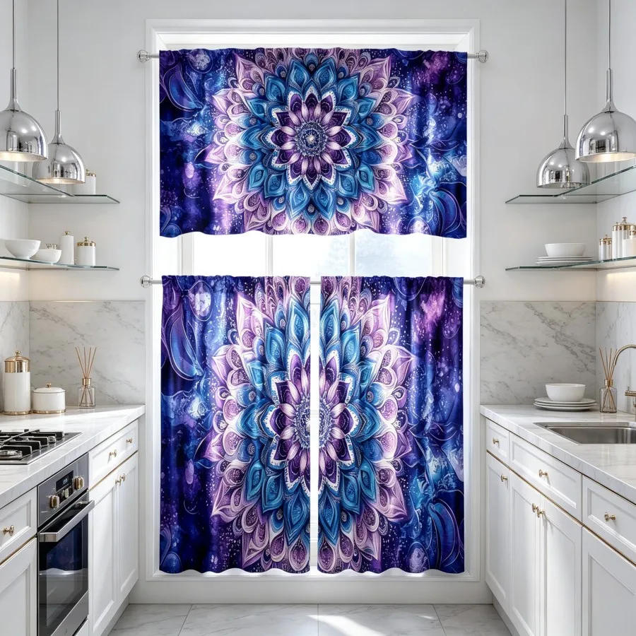 Boho Kitchen Curtains, Purple Blue Mandala Flower, Digital Print, Kitchen Dining Room, Rod Pocket Polyester, Home Decor