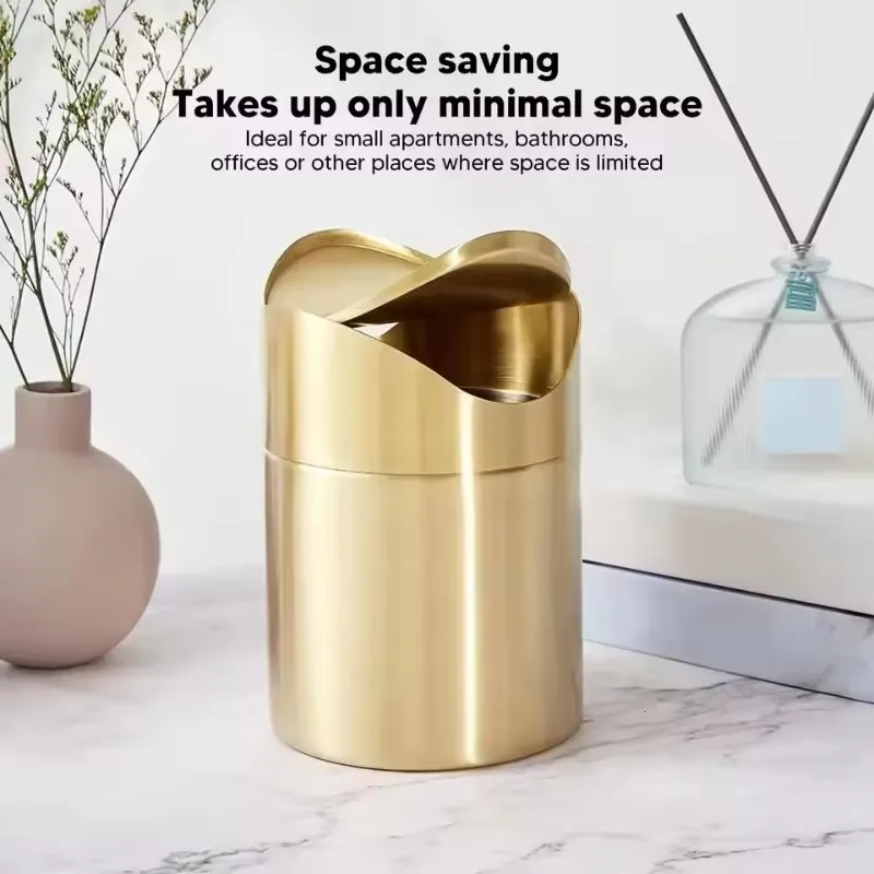 

Mini Countertop 304 Stainless Steel Trash Bin with Swing Lid 1.5L Golden Cartoon Design Waste Can for Desk and Office Use