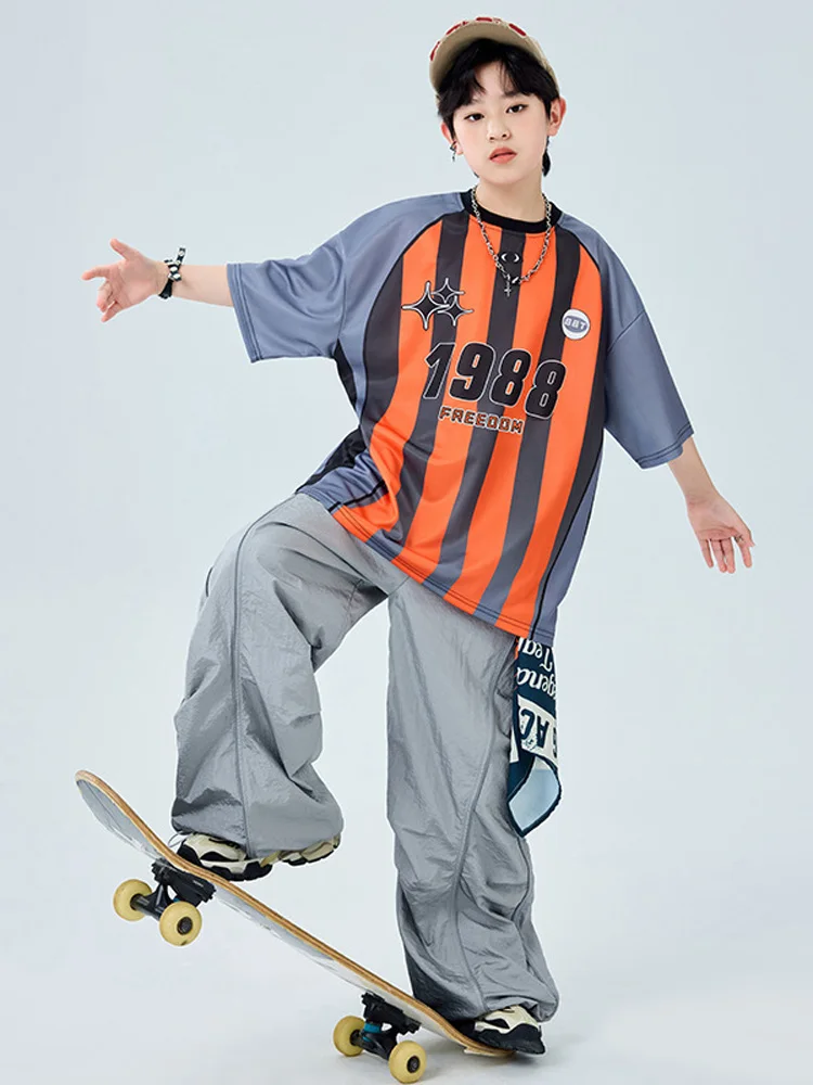Hip Hop Mädchen Kleidung Kinder Jazz Street Dance Kostüm Beide Seiten Print T Shirt Grau Lose Hosen für Jungen Performance Outfit
