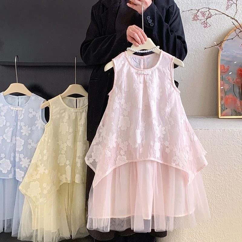 Girls dress summer 2026 new children's mesh princess dresses jacquard vest