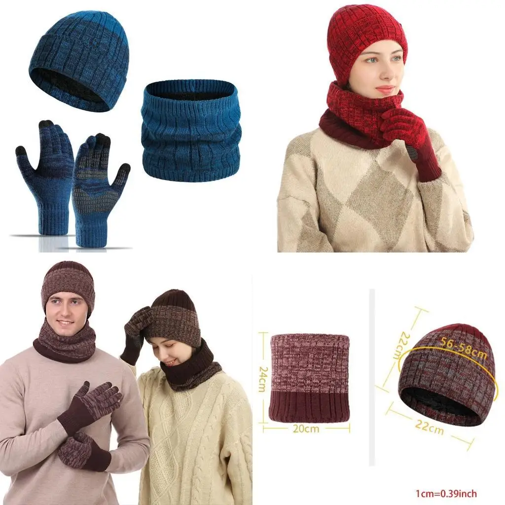 R1WE للجنسين الشتاء 3 قطعة قبعة صغيرة محبوكة قبعة وشاح عدم الانزلاق ل شاشة تعمل باللمس قفازات مجموعة الحرارية أفخم اصطف الجمجمة