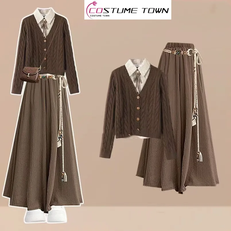 

Spring and Autumn Meilad Set Women's Retro Style Knitted Sweater Casual Wide Leg Skirt Pants Two Piece Set