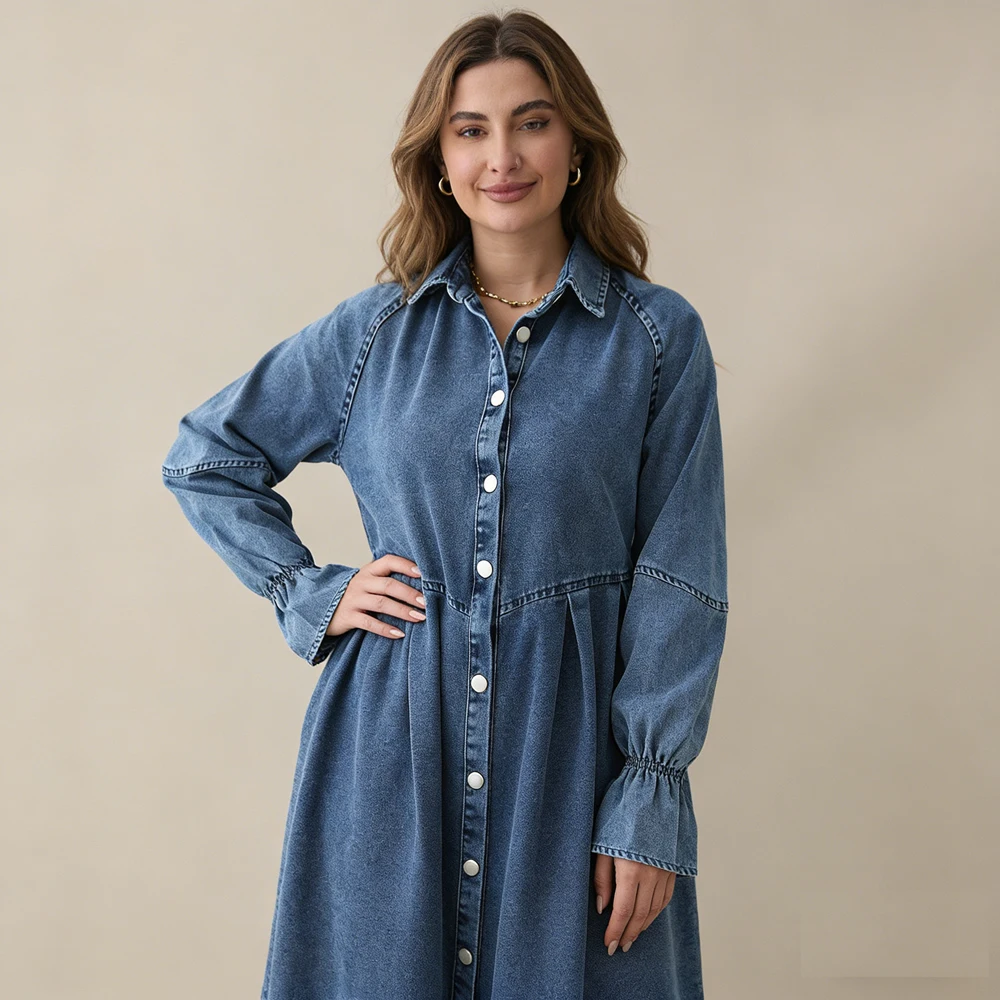 

2026 Single Breasted Shirt Long Sleeve Denim Dress Women Modest Muslim Maxi Dresses Dubai Abaya Islam Clothing Marocain Femme