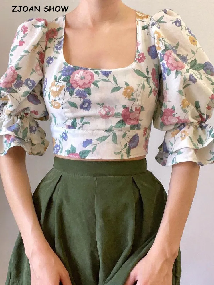 Retro French Style Flower Print Square Collar Shirt Open Buttons Tie Bow Back Backless Puff Sleeve Cropped Blouse Tank Tops