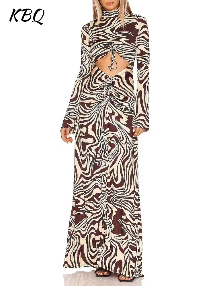 

Женское ажурное платье KBQ, платье с воротником-стойкой и длинным рукавом, с высокой талией, со шнуровкой, уличная мода