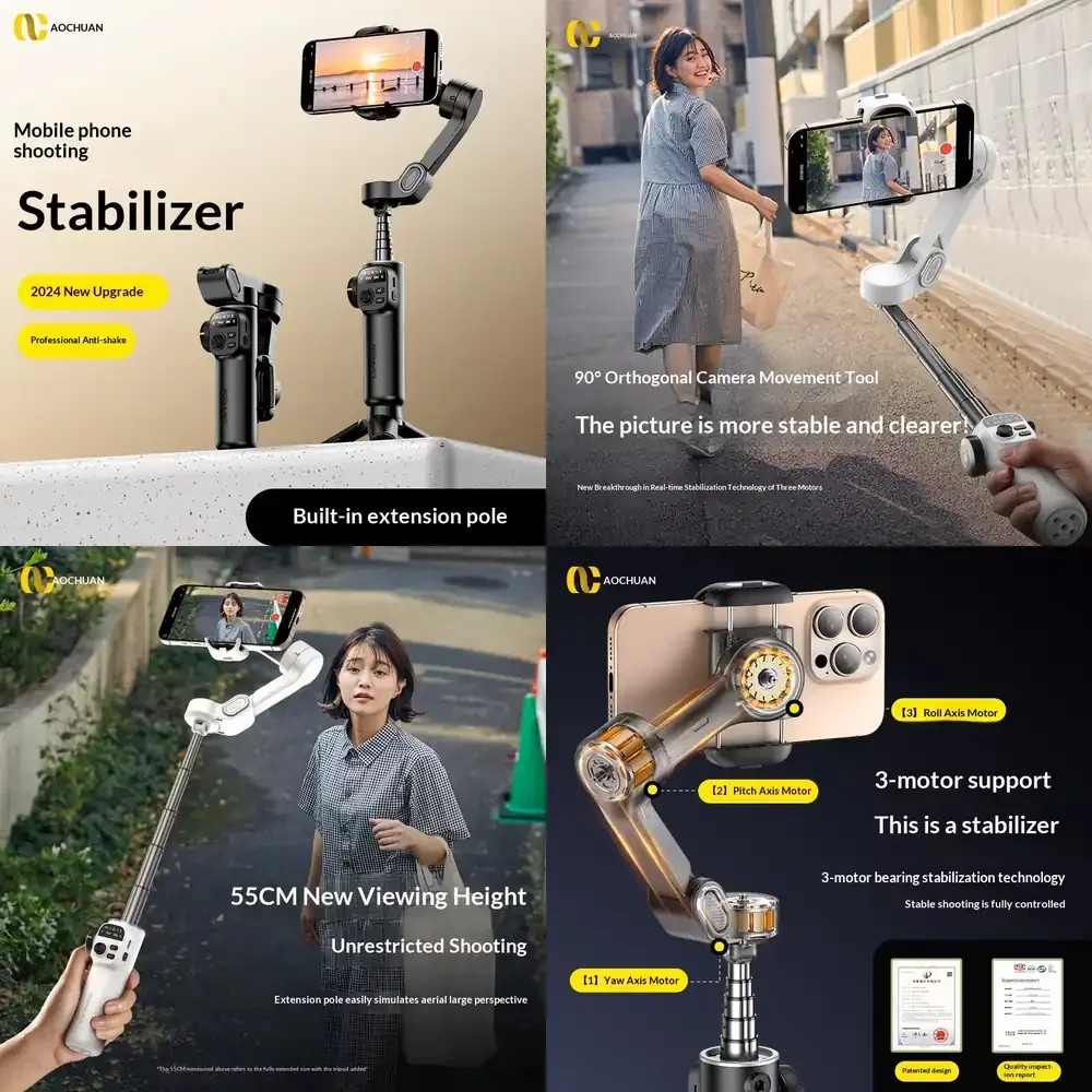 Aochuan X2 3- Phone Video Camera Anti-Shake Handheld Tripod Wireless Remote Control Gimbal Stabilizer for Live Vlog