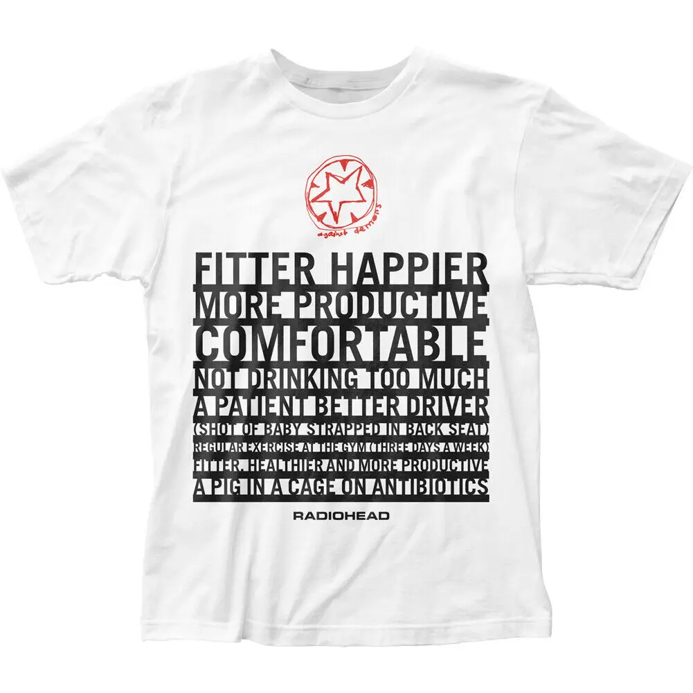 Radiohead Fitter Happier T Shirt Mens Licensed Rock N Roll Band Retro White