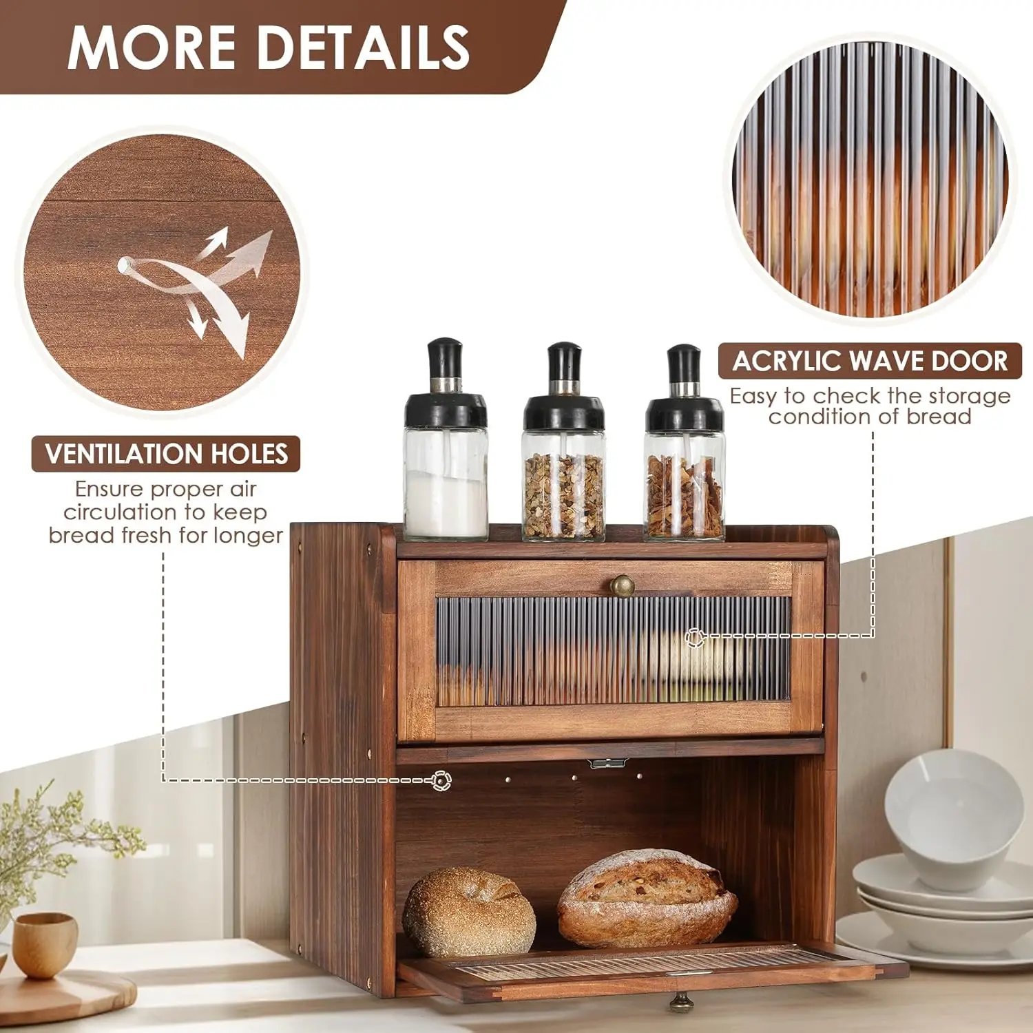 

Bread Box for Kitchen Countertop Wooden Bread Storage Container Bin 2 Layer Breadbox Holder Large Capacity Keeper Vintage