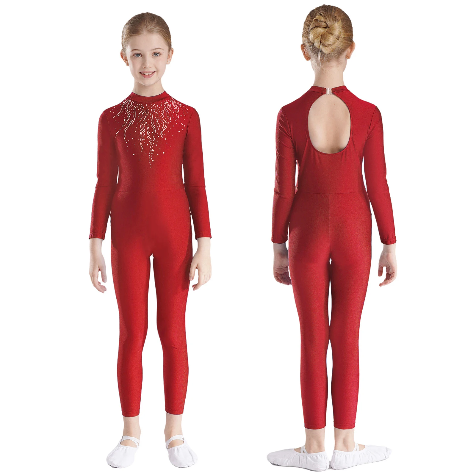 Kids Girls Jersey Gymnastics Dance Outfit Long Sleeves Strappy Shiny Rhinestones Crop Top with Legging Jazz Ballet Dance Costume