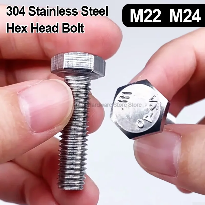 Extra Long Thread 304 Stainless Steel Hex Bolt A2-70 M22 M24 External Hex Screw Length Range 40mm-200mm Heavy Duty Fastener