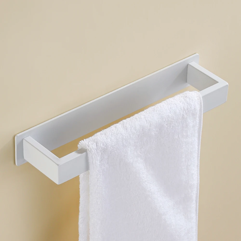 Self-Adhesive Bathroom Towel Rack Stainless Steel White Kitchen Towel Hanger Holder Toilet Square Towel Bar No Drill 30/40/50cm