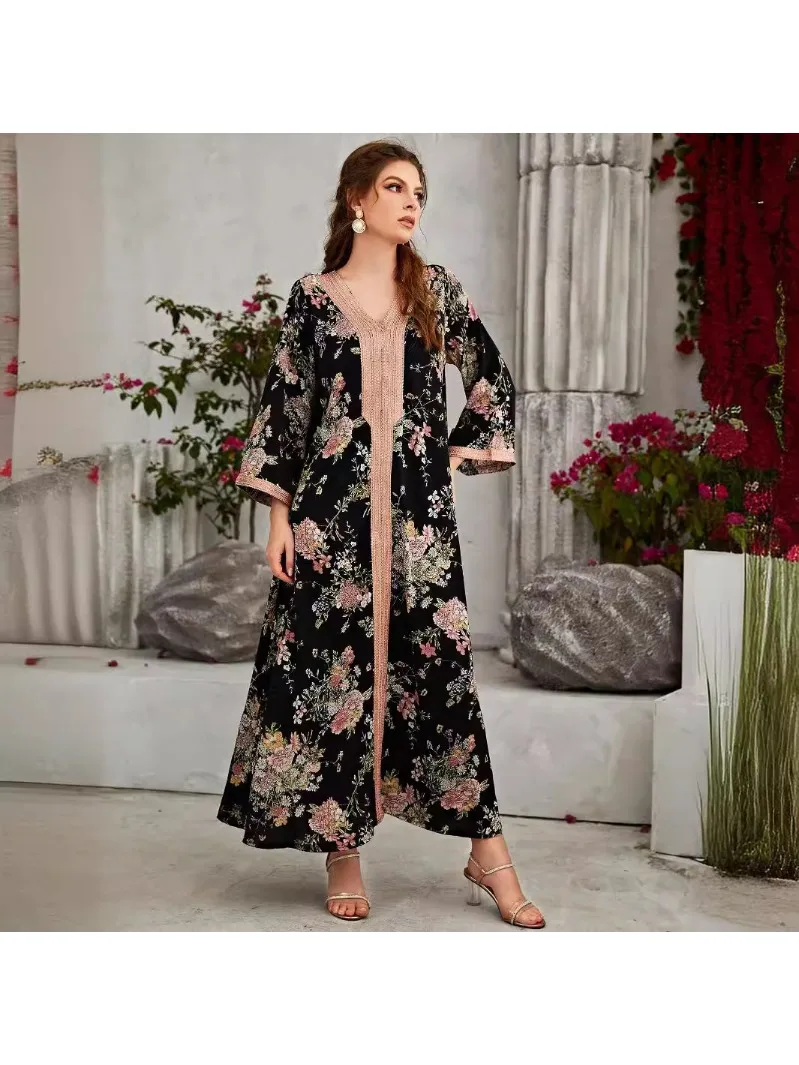 Abaya fleur imprimer robes musulmanes Eid femmes 2025 dubaï arabe longue Robe Ramadan marocain Caftan Robe de soirée robes Largos