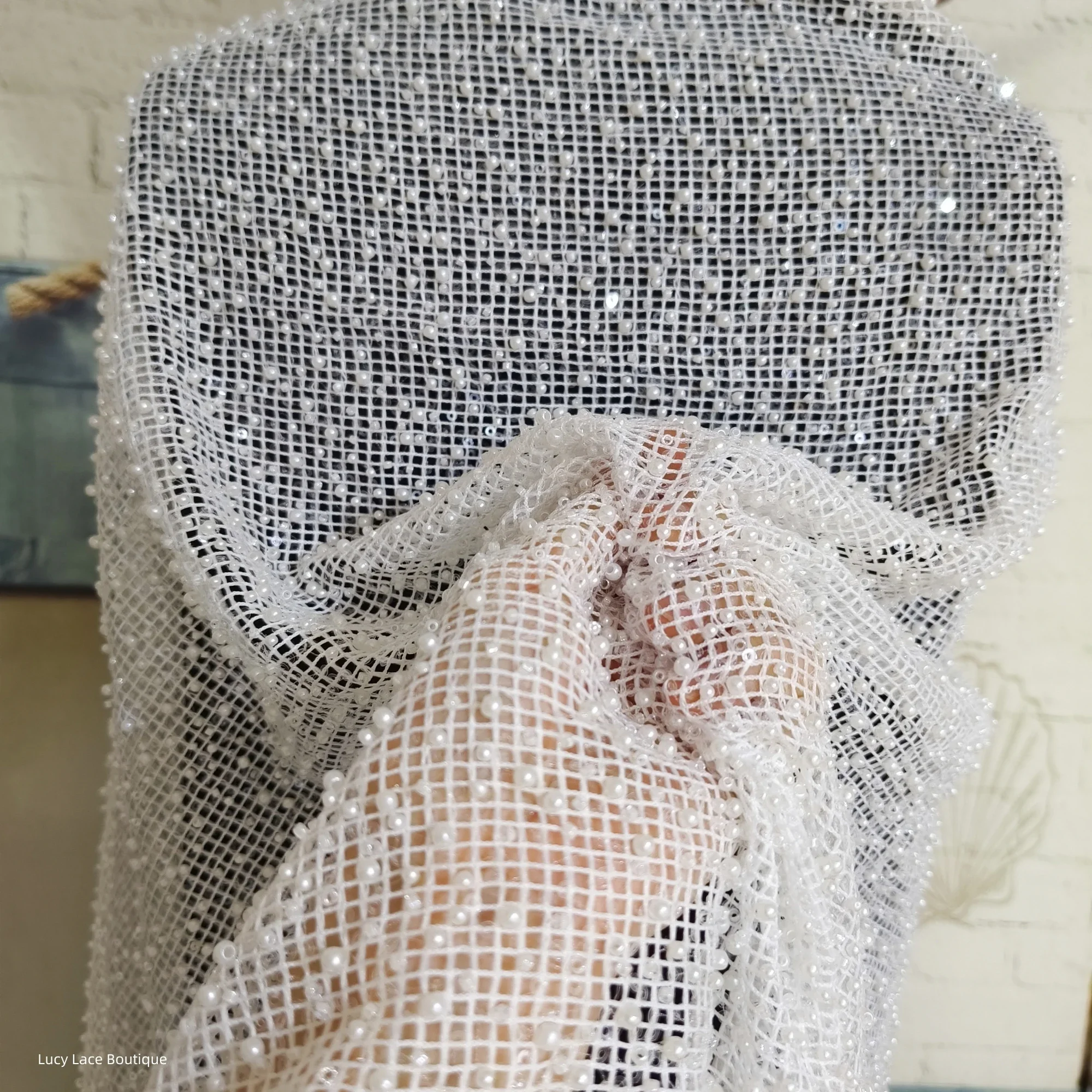 Beaded Heavy Lace Fabric for Wedding Dress High Quality Designer Lace Sewing DIY 130CM Wide Checkered Pearls Beads Sequins Lace