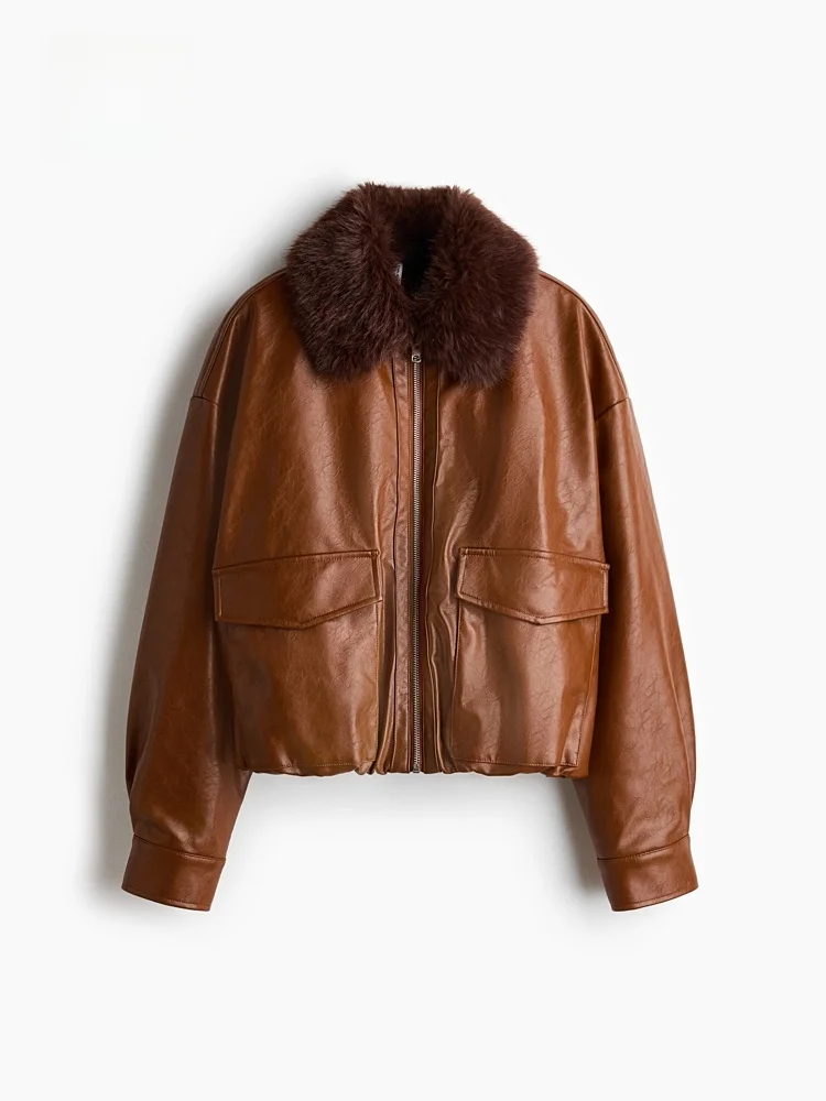 H&M Cappotto invernale da donna in pelliccia sintetica Jaet Cappotto casual in pelle Sle Lunghezza regolare Materiale PU Faion da donna