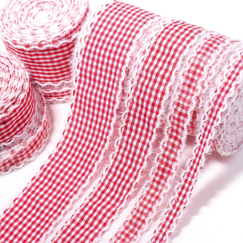 5 Yards 10/15/25/38mm Polyester-Band mit ausgefransten Kanten, rot kariert, Stoffbänder für DIY-Geschenke, Blumensträuße, Geschenkverpackungen, Schleifen und Kleidungsdekoration