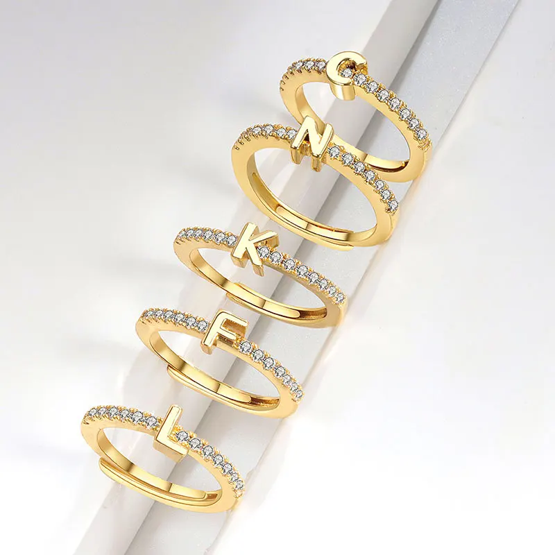 VENTFILLE 925 Sterling Silver 26 English Letter Zircon Diamond Studded Ring Adjustable For Women Gift Jewelry Dropshipping