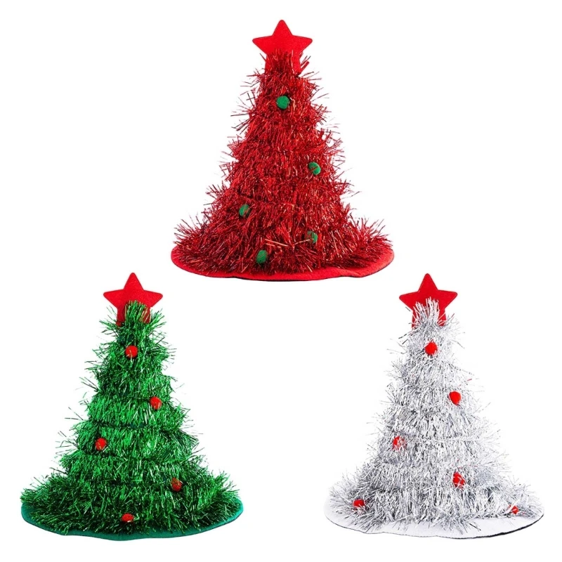 

Christmas Tree Santa Hat Soft Nonwoven Sequined Santa Caps with Star Top Festival Costume Noel Hat Christmas Party Decors