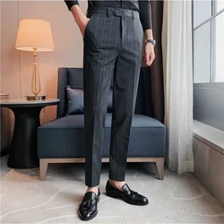 Autumn Winter Striped Business Dress Pants Men Thickened Casual Office Social Trousers Streetwear Wedding Groom Suit Pants