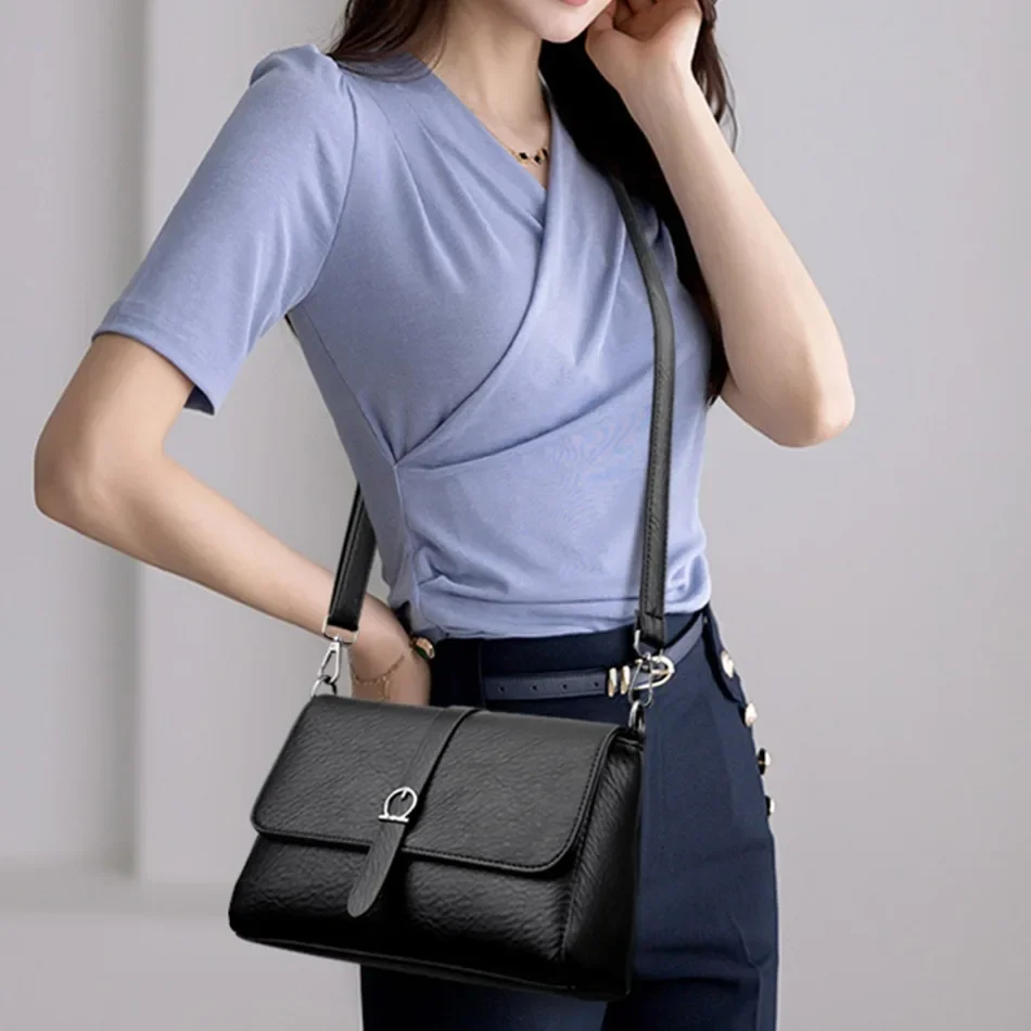 Stylish Compact Women’s Leather Crossbody Bag Two Strap Shoulder Bag Trendy Small Square Messenger Bag for Daily Use Purse