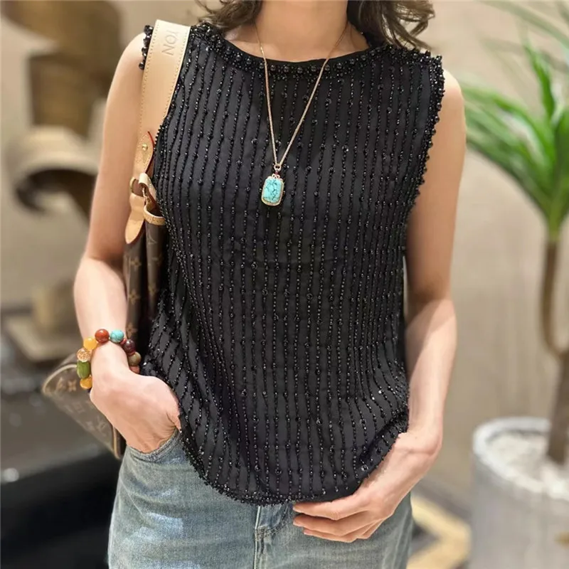 Hand-made Heavy Beaded Sleeveless T Shirt for Women New Fashion Elegant Top Stringed Pearls Luxurious Tank Top Female Clothing