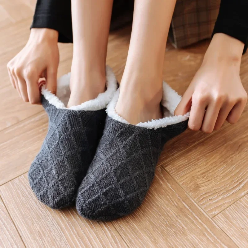 

Women Knitted Slipper Socks Cozy Fuzzy Socks Non Slip Hosiery Men's Winter Indoor Double Layer Bedroom Slipper Socks
