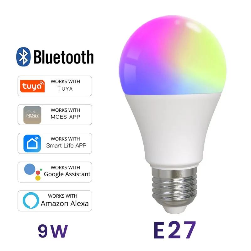 Tuya Bluetooth Beacon Smart Home LED Bulb App Timing Voice E27 Interface 9W Smart Bulb Wide Voltage Warm Light RGB Adjustable