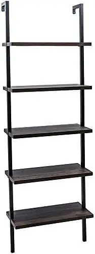 

5- Modern Bookcase, Open Wall Mount Ladder Bookshelf with Industrial Metal Frame Spring loaded repair pins