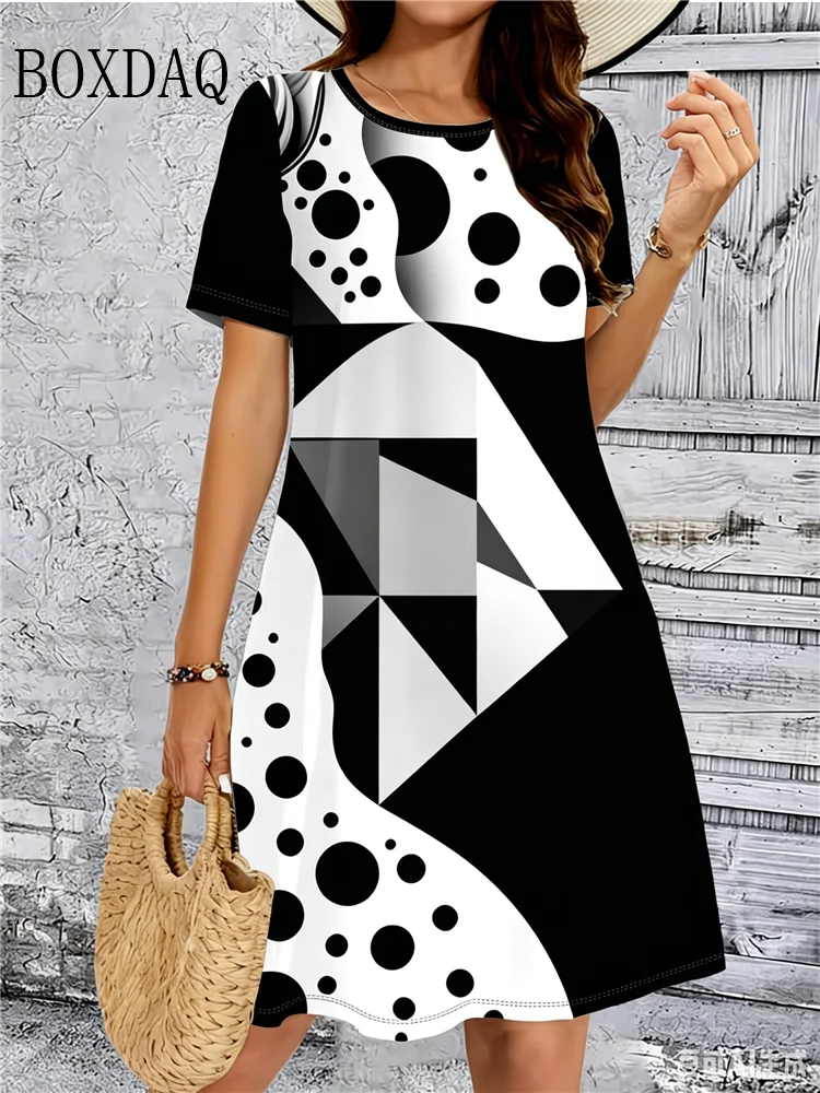 2026 Summer Dresses Women Fashion Abstract Black White Polka Dot Print Dress Loose Plus Size Casual Short Sleeve Dress Vestidos