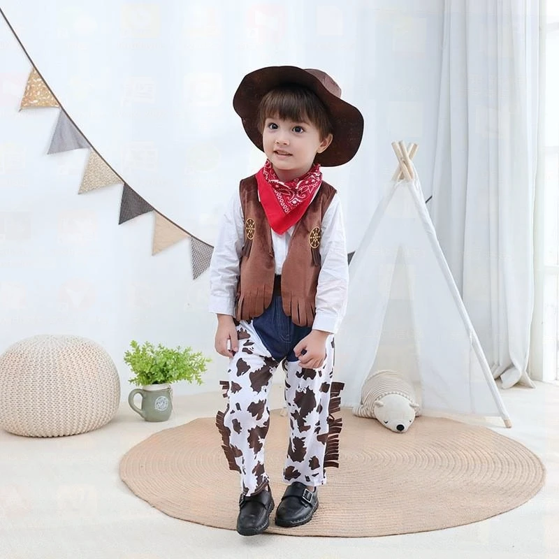 Set di costumi cosplay da cowboy occidentale con cappello, vestiti per spettacoli di Halloween per ragazzi, outfit per piantine di ruolo per bambini, produttore cinese