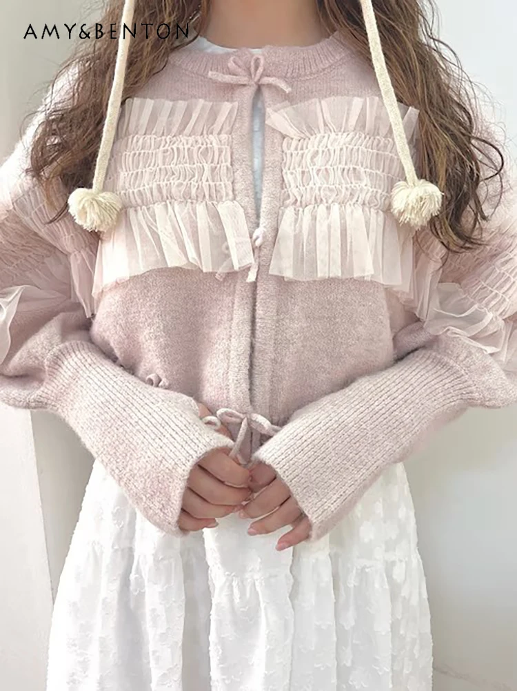 Japanse Striklint Geplooid Mesh Stiksels Kort Gebreid Vest Zoet Temperament Effen Kleur Veelzijdig Slank Vest Dames