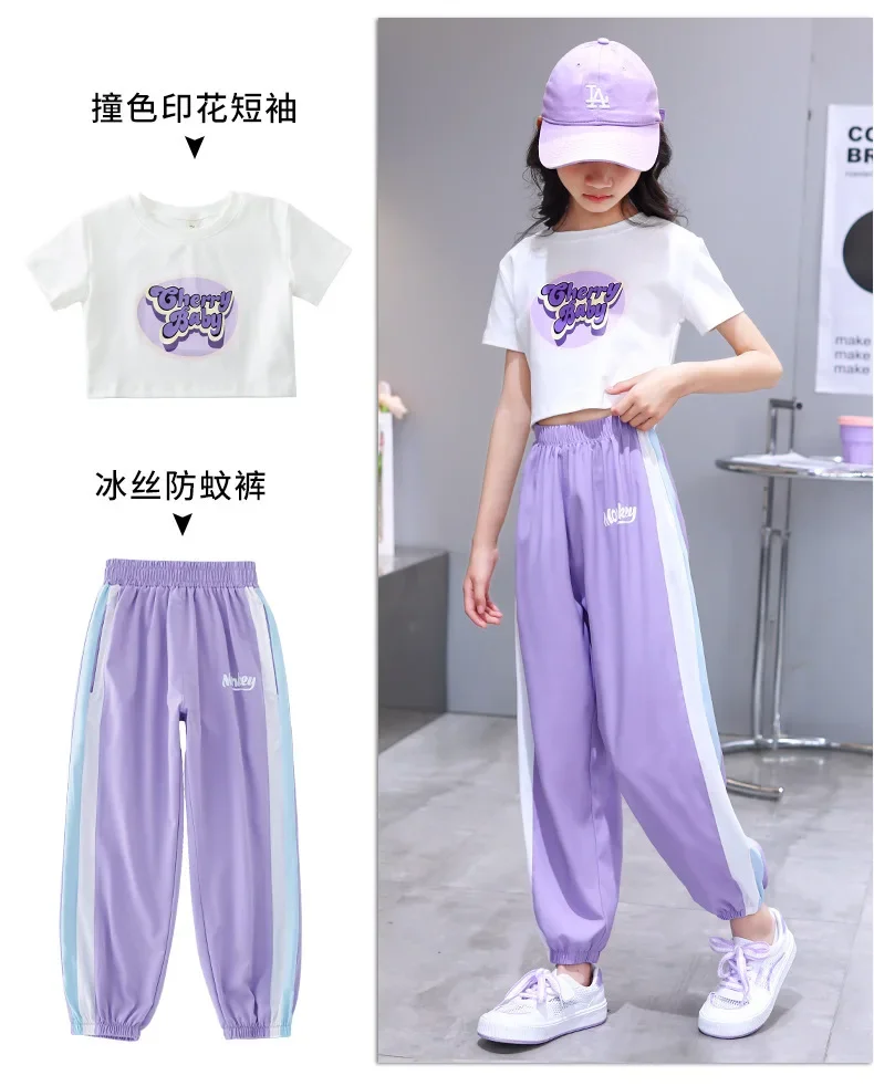 Adolescentes esporte carta impressão crop top e conjunto de leggings, treino infantil, camiseta listrada, terno de calça amarrada no tornozelo, roupas novas de verão, 2024