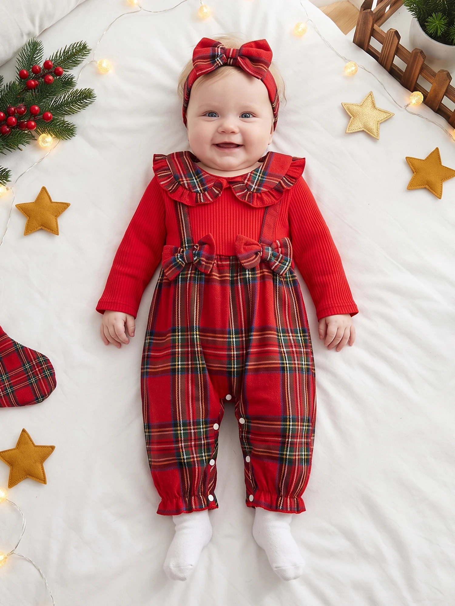 Bodysuit Long Plaid Patchwork Christmas-Bodysuit Long Sleeve Patchwork-Romper-Headband Girl-Christmas-Bodysuit Bodysuit Bodysuit