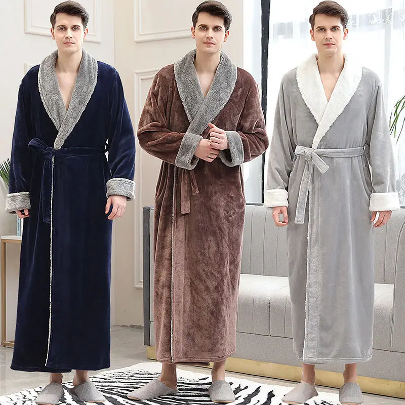 Flannel Fur Collar Men\'s Long Robe Sleepwear Autumn Winter Couple Bathrobe Nightwear Thick Coral Fleece Loungewear Home Clothes