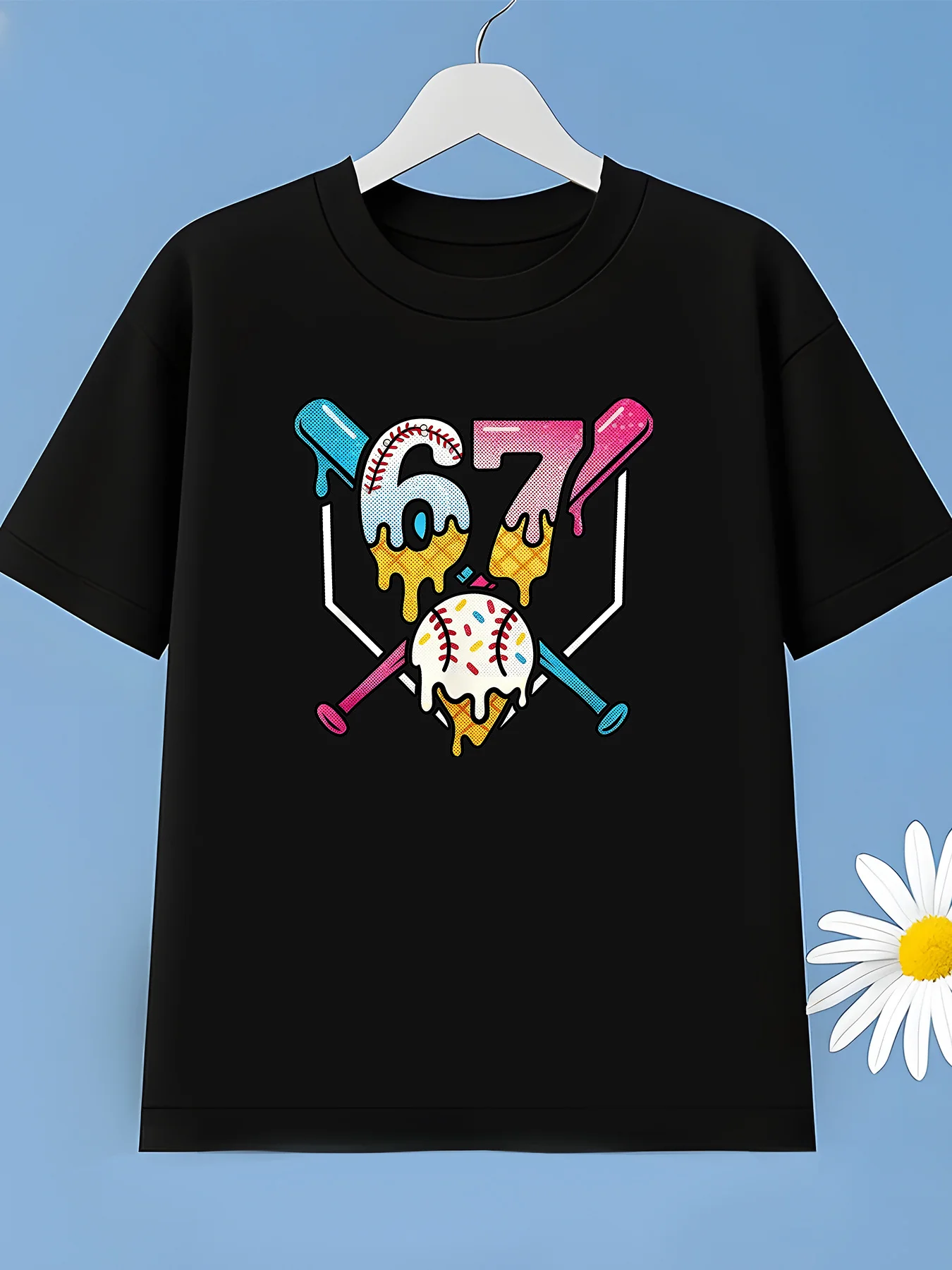 Sporty Men's Black Graphic T-Shirt Melting 67 Baseball Bats Ice Cream Ball Sprinkles Colorful Retro Number Print 100% Cotton Heavyweight Short Sleeve Casual Streetwear Tee